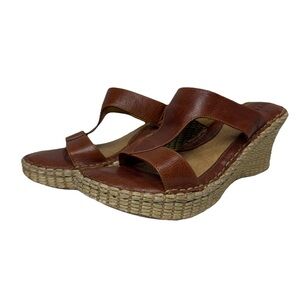 Born Brown Leather Espadrille Wedge Slides